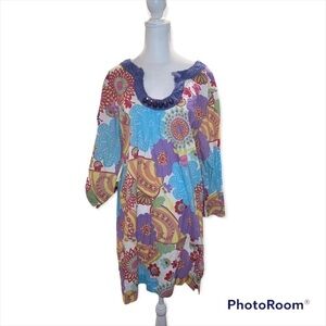 Boden Floral Cotton Tunic Swim Coverup With Beaded‎ Neckline Size 12